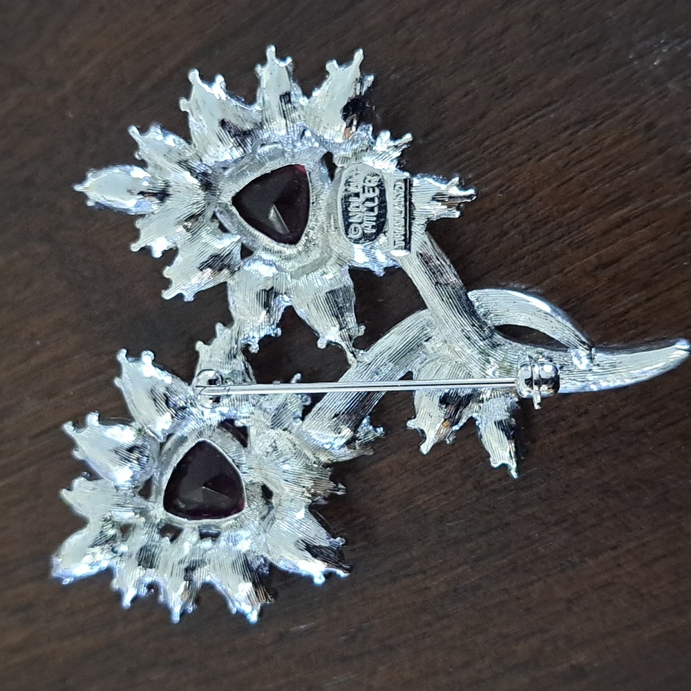 Nolan Miller Statement Brooch, Silver-tone, Rhinestone, Purple Stone - Picture 4 of 8